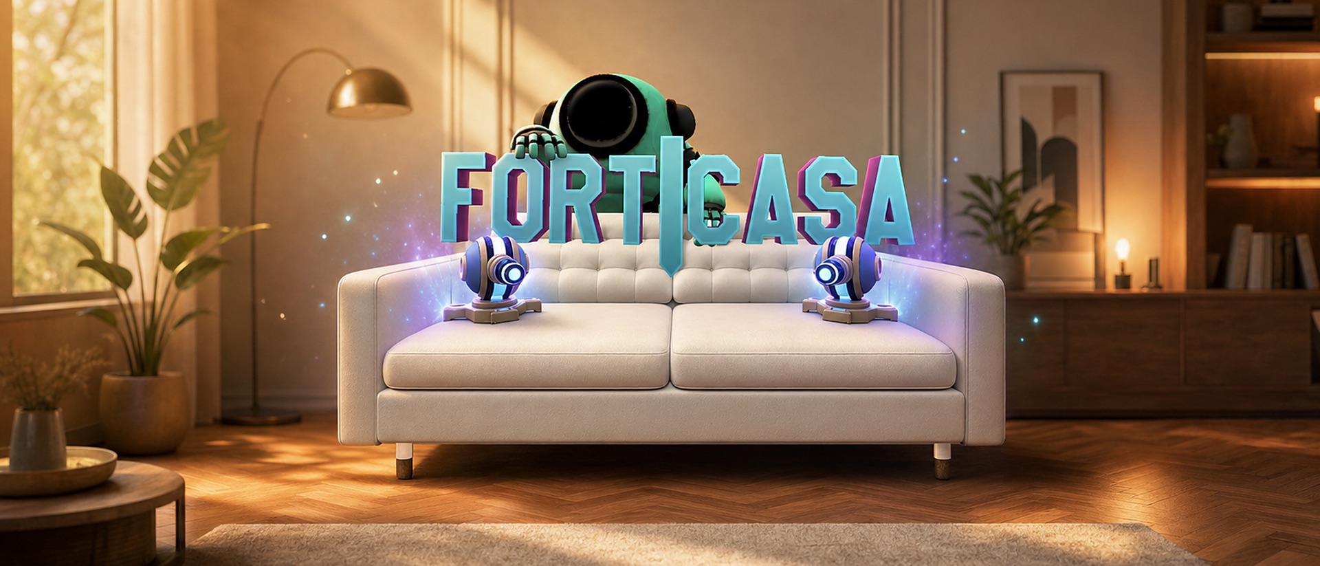 Il logo di FortiCasa sopra un divano in un salotto, con un robot che sbuca da dietro e due torrette sui braccioli.
