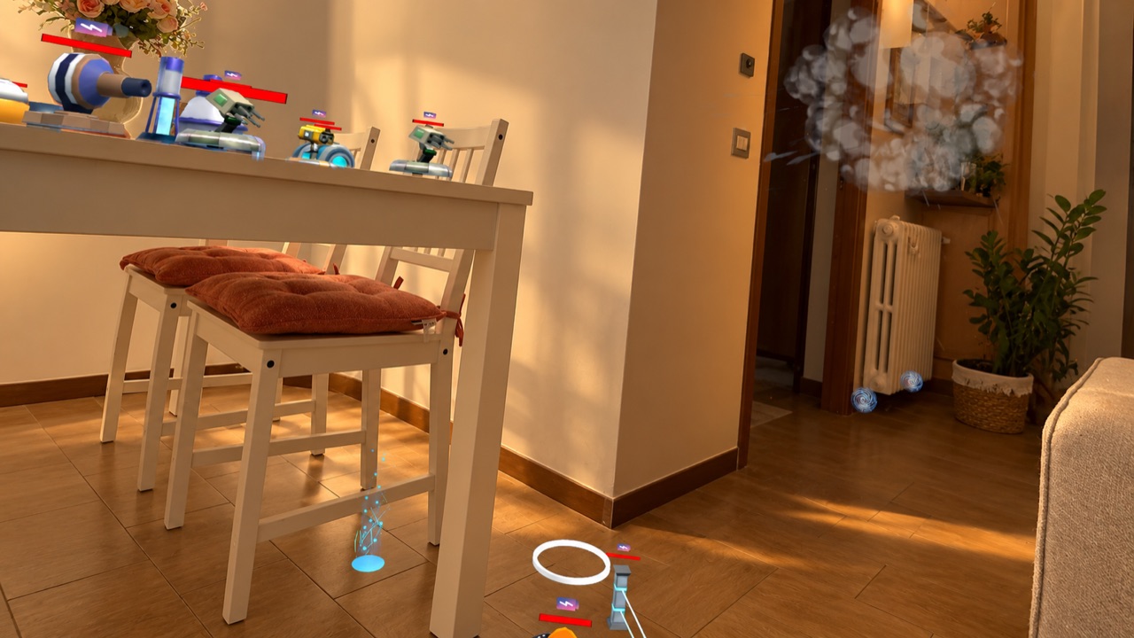 L’interfaccia di gioco in realtà aumentata sopra un interno domestico.